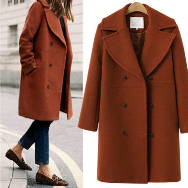 Autumn and winter women's woolen coat, women's double breasted medium length windbreaker, woolen coat 