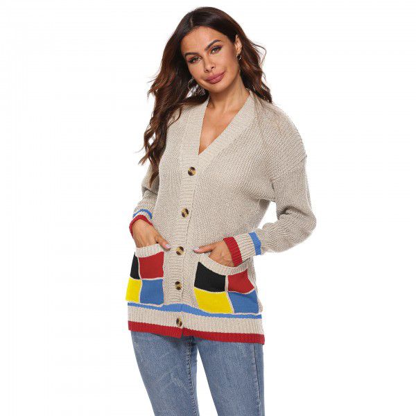 Autumn and winter women's thickened woven cardigan jacket with color matching large pockets, single breasted V-neck casual sweater for women