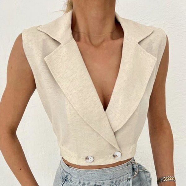 Short fashionable V-neck cotton linen vest 2 autumn new European and American women's clothing temperament versatile