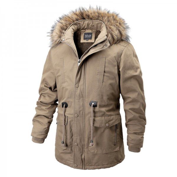 Men's cotton jacket with plush and winter cotton jacket, men's mid length thick and warm jacket 