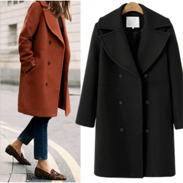 Autumn and winter women's woolen coat, women's double breasted medium length windbreaker, woolen coat 