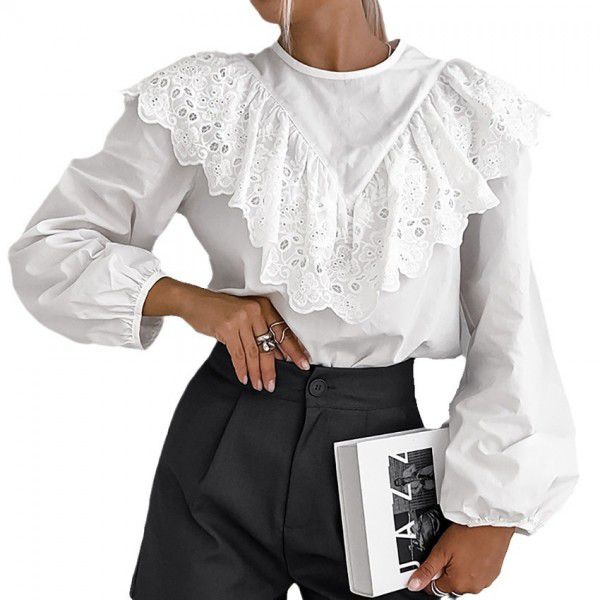 Design Sense Casual Bubble Sleeve Shirt Fashion Versatile Jacquard Ruffle Edge Spring New Women's Style