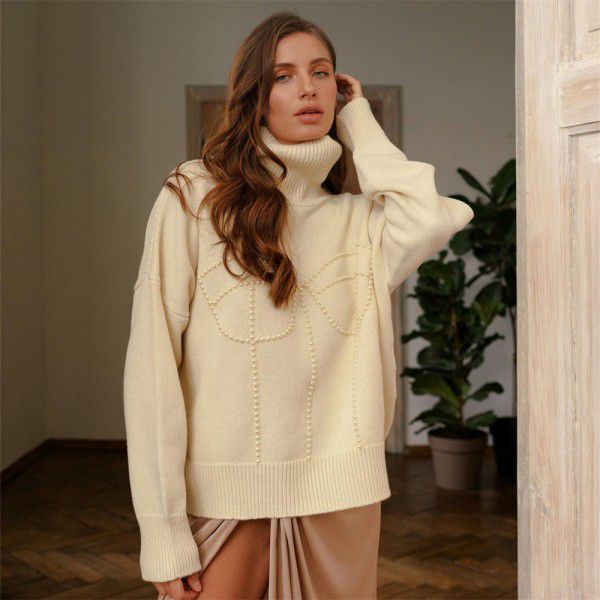 Pearl high necked sweater for women's autumn top, wearing long sleeved knitted clothes outside