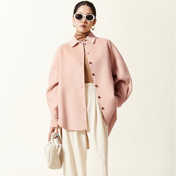 Autumn and winter layered light and thin mulberry silk woolen coat, wool coat, women's loose and casual single breasted lapel woolen coat 