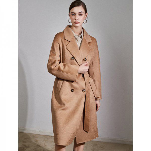 Double sided cashmere coat for women's mid length drawstring to show temperament woolen coat 