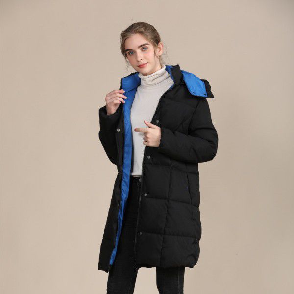 Cotton jacket women's color blocking medium length women's cotton jacket hooded slim fit slimming collar jacket thickened
