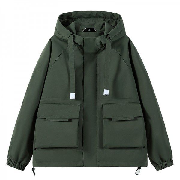 Workwear jacket, loose hooded multi pocket jacket, men's outdoor sports windbreaker, windproof solid color jacket 