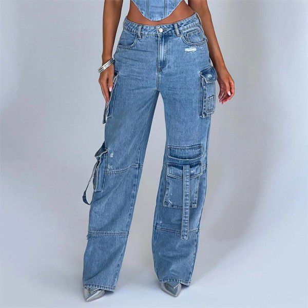 Low waisted three-dimensional pocket patchwork jeans for women's autumn loose and drooping feeling, slimming down long pants