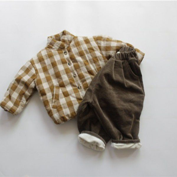 Winter children's cotton jacket with cotton lining and no hood, yellow single breasted winter standing collar plaid cotton jacket