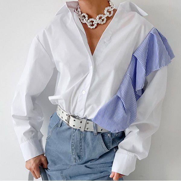 French style new long sleeved shirt with irregular blue stripes and ruffled edges, versatile for women's personality