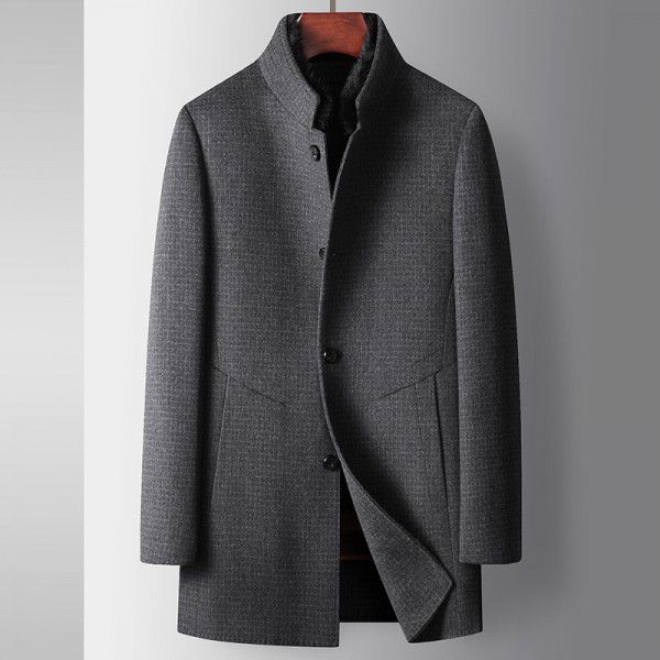 Men's coat autumn and winter mink standing collar down detachable inner lining middle-aged business double-sided woolen warm woolen coat 