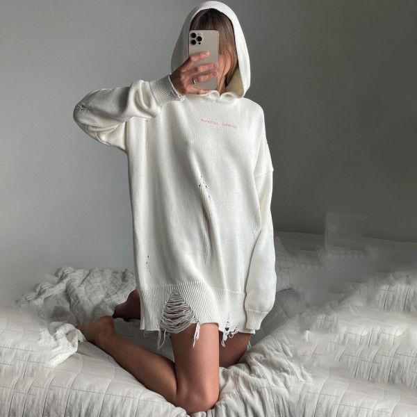 Autumn and winter women's hollowed out hoodie, women's outerwear, loose and lazy hooded knit top jacket, women's outerwear