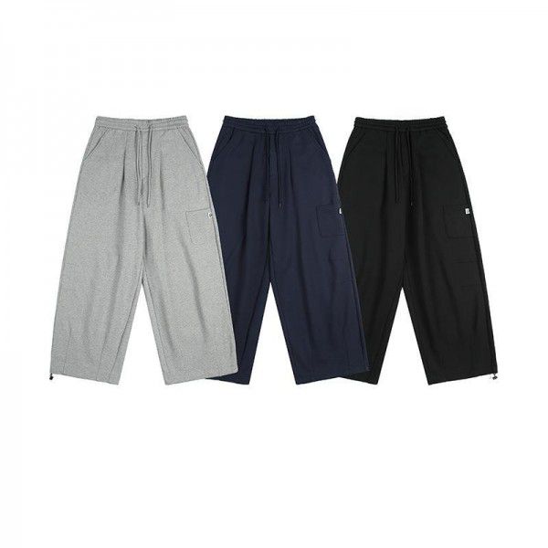 Autumn solid color wide edition men's casual pants, Japanese retro loose leg drawstring straight leg pants