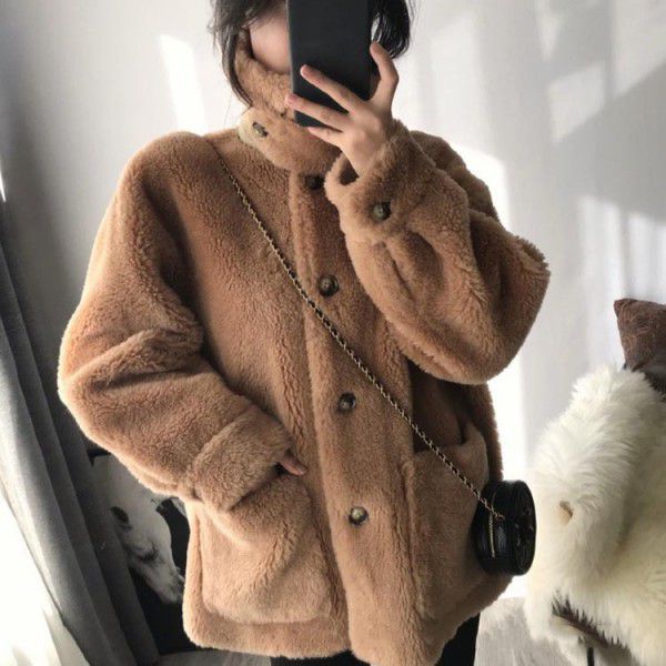Granular plush woolen coat for women's loose size autumn and winter sheep shearing plush fur integrated fur coat