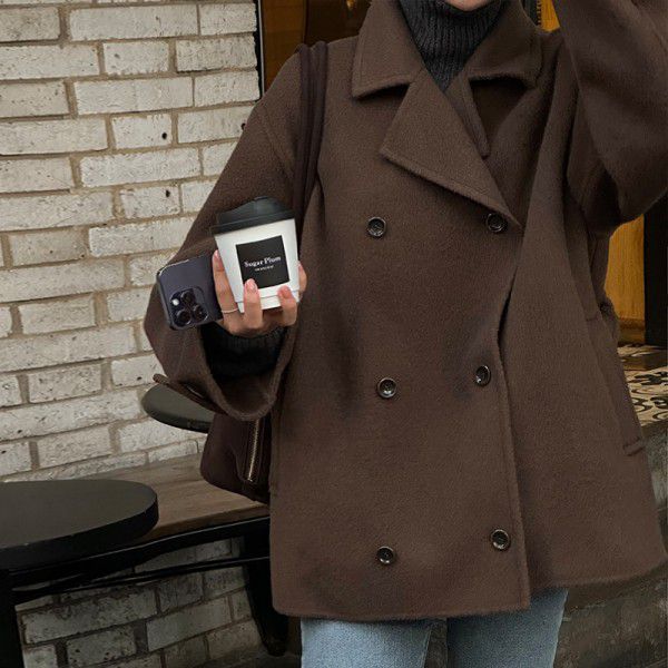 Retro lapel collar double breasted coat for women's winter new silhouette wool double-sided woolen coat 