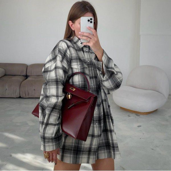 Checkered shirt outerwear for women's autumn and winter new casual loose checkered shirt versatile
