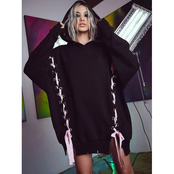 Autumn and winter women's new contrasting color strap patchwork hoodie for women with a relaxed and lazy Gothic style hoodie for women