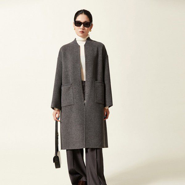 Autumn and winter pure wool coat, woolen jacket, double-sided long baseball jacket, wool high-end zippered jacket 