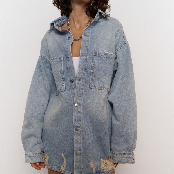 Broken hole washed and worn-out cowhide jacket for women's autumn retro style medium length flip collar button denim shirt
