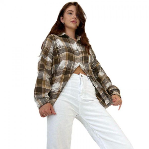 Retro plaid shirt casual loose commuting plaid shirt autumn and winter new women's clothing