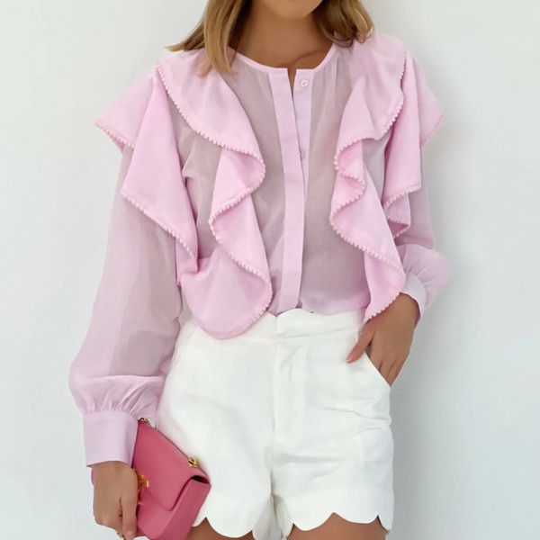 Pink fashionable casual pure cotton loose round neck ruffled long sleeved summer new women's clothing