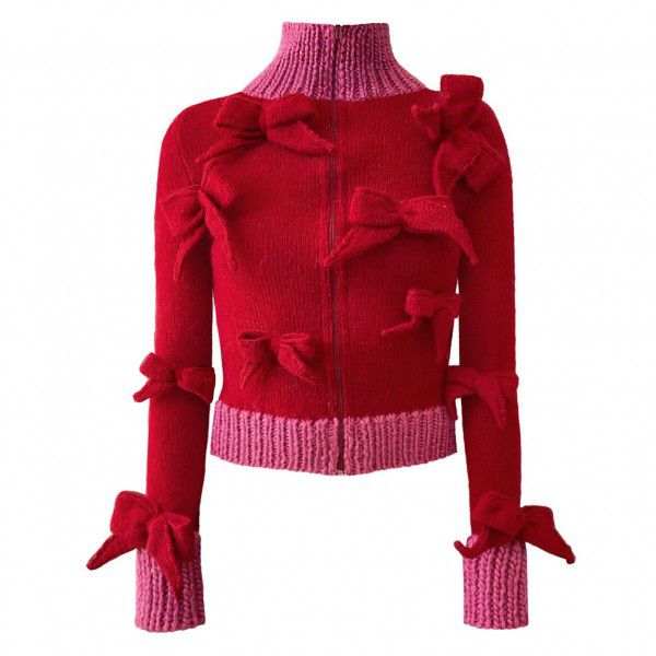 High necked sweater, cardigan, women's autumn jacket, bow design, slim fit, zippered top, women's