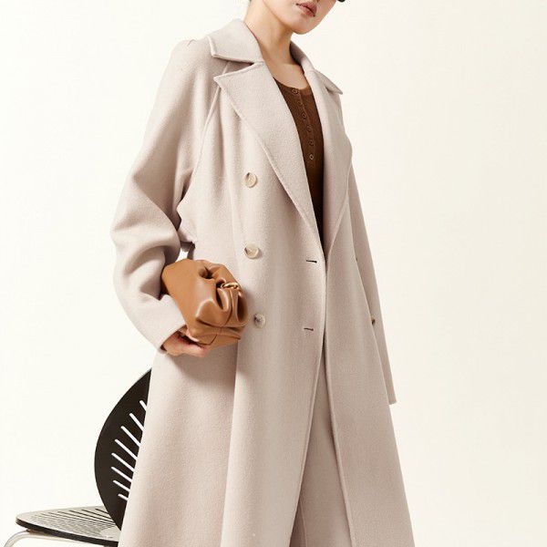 Autumn and winter woolen coat, wool coat, women's fake two-piece set, double breasted woolen coat, women's light and thin mulberry silk coat 
