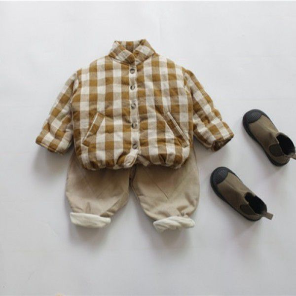 Winter children's cotton jacket with cotton lining and no hood, yellow single breasted winter standing collar plaid cotton jacket