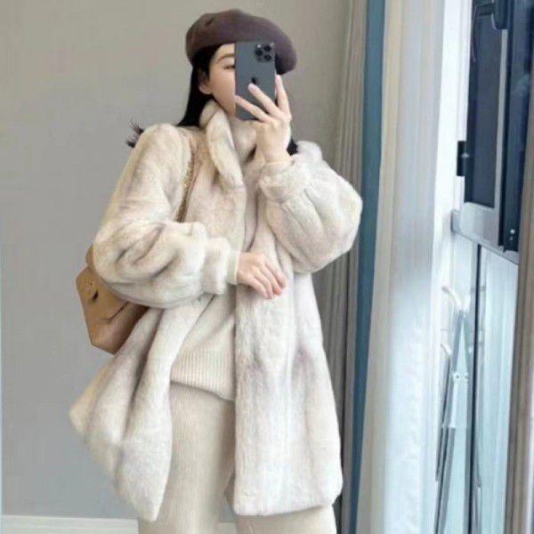 Eco friendly coat for women in winter, thickened eco-friendly leather stand collar, medium length mink coat