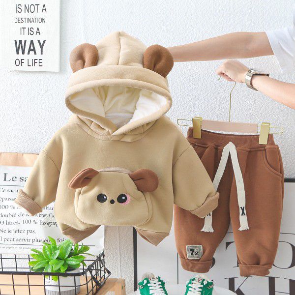 Children's cartoon plush hooded long sleeved hoodie with winter clothes for small and medium-sized children, two-piece set for children's clothing