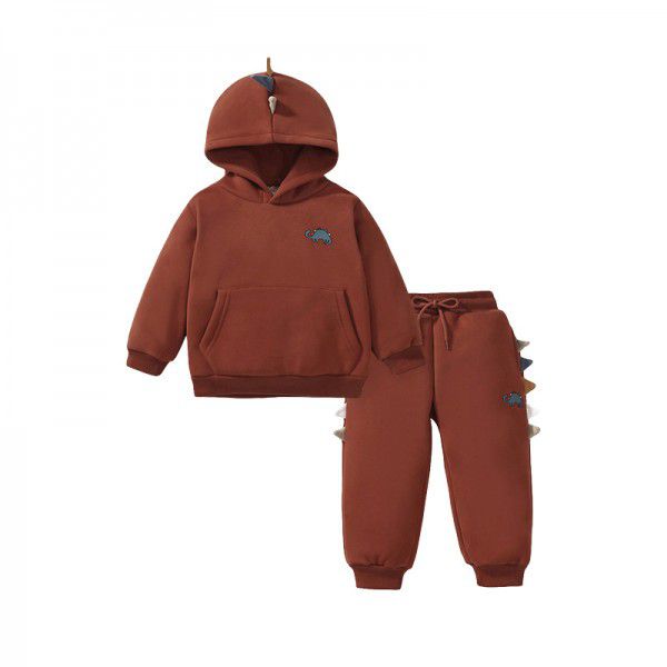 Autumn and winter long sleeved plush hoodie set, new hooded children's set, dinosaur set 