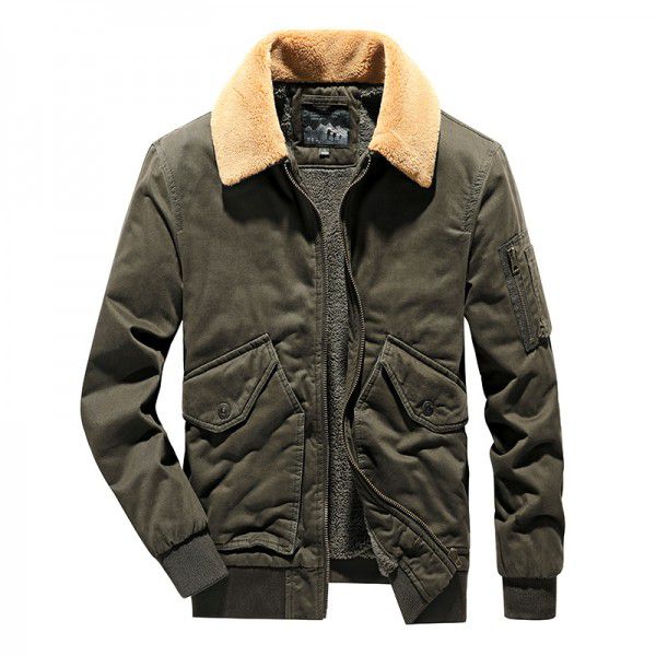 Men's work jacket with added velvet and thickened warmth, winter multi bag cotton jacket, cotton jacket