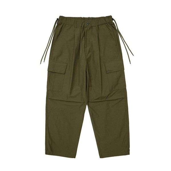 FORN32023 Spring New Men's Multi Pocket Work Pants Japanese Vintage Solid Color Belt Decorative Straight leg Pants