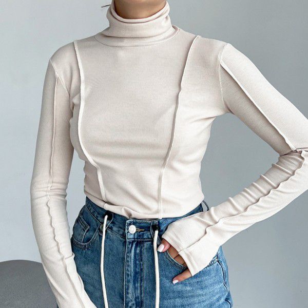 Autumn and winter warm high necked T-shirt with patchwork design, long sleeved base shirt, versatile and high-end top for women