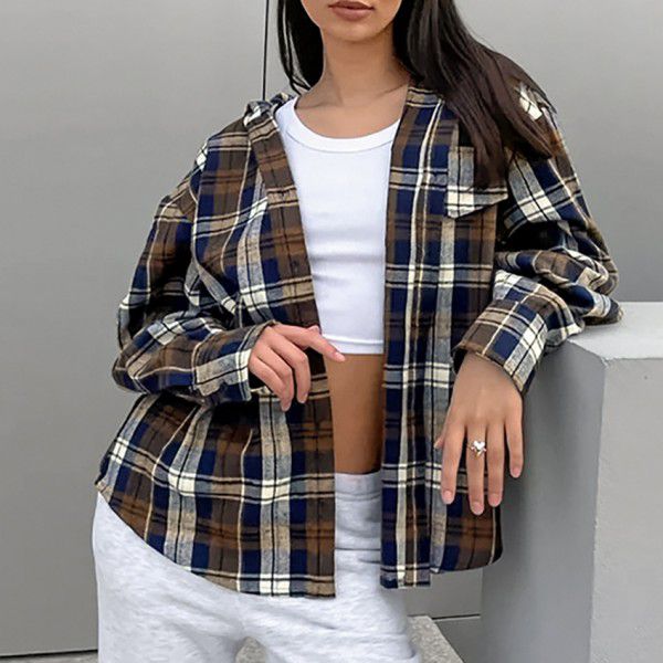 Early spring new hooded plaid long sleeved shirt with fashionable personality and temperament, versatile for commuting women