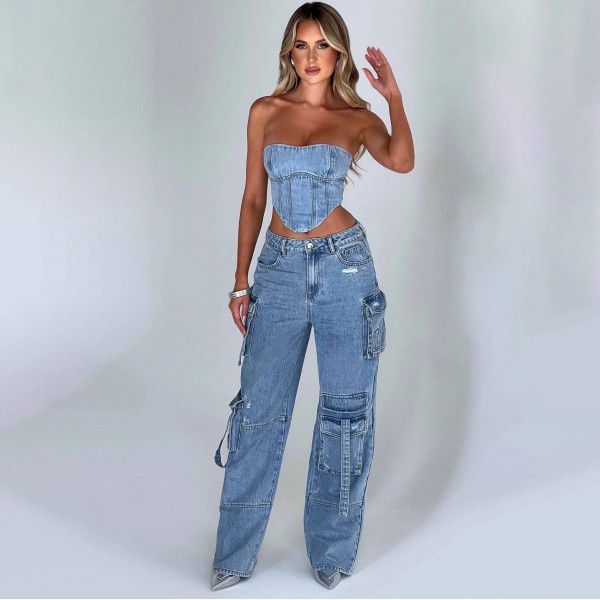 Low waisted three-dimensional pocket patchwork jeans for women's autumn loose and drooping feeling, slimming down long pants
