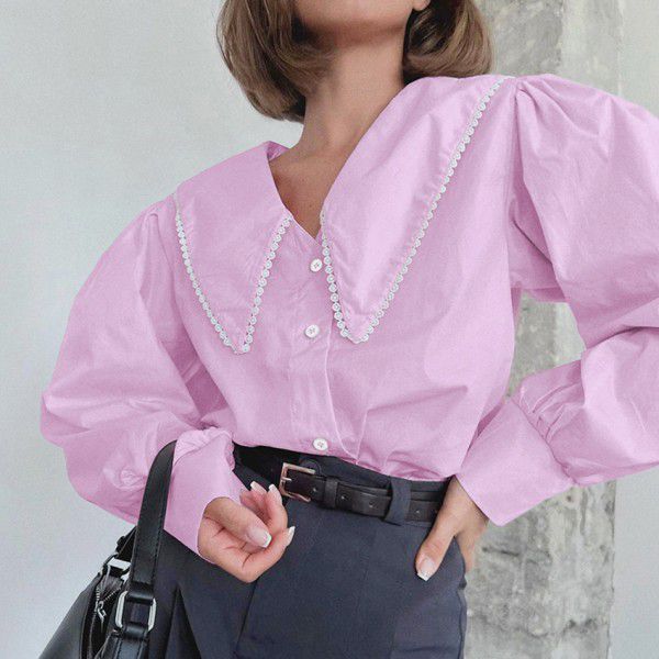 Spring and summer women's clothing, girlish doll neck shirt, female niche design, loose fitting long sleeved shirt