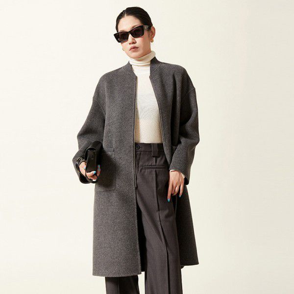 Autumn and winter pure wool coat, woolen jacket, double-sided long baseball jacket, wool high-end zippered jacket 