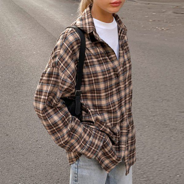 Spring/Summer Retro Contrast Plaid Shirt Women's Long Style Design with Loose Bottom Shirt