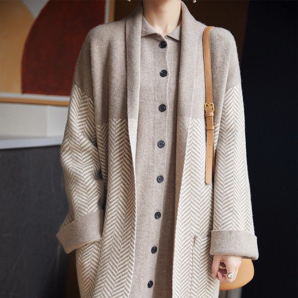 Winter wool coat buttonless four flat thickened women's lapel loose jacquard jacket long cardigan 