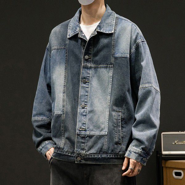 Large size patchwork denim jacket for men in spring and autumn, European and American retro loose top, casual Japanese work jacket 