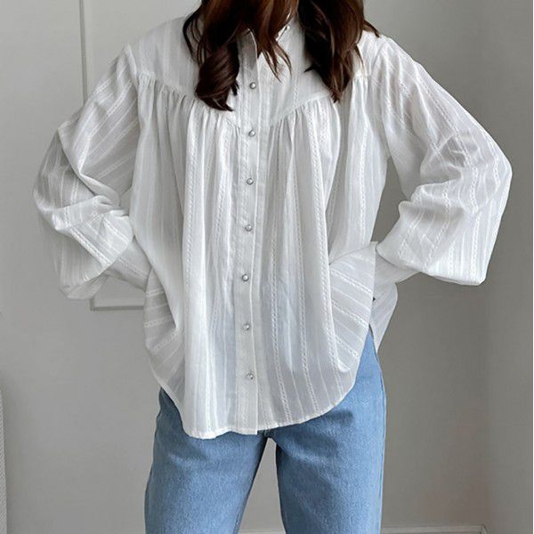 Pure cotton French shirt long sleeved women's clothing autumn and winter new minimalist bubble sleeve beautiful top