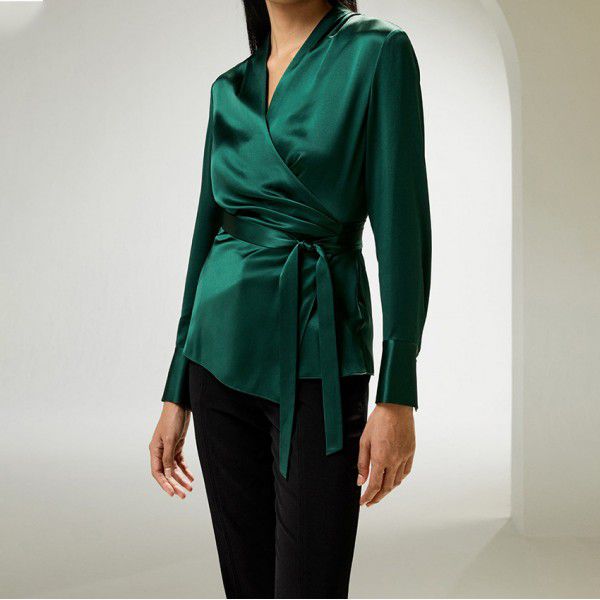Elegant satin finish, long sleeved, solid color, high waisted, waisted shirt, female niche commuting