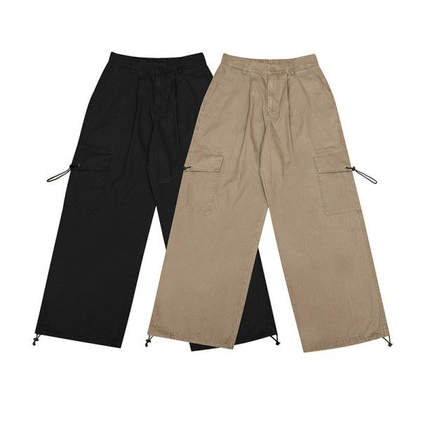 Autumn new solid color minimalist pocket workwear pants with loose drawstring basic casual pants for men