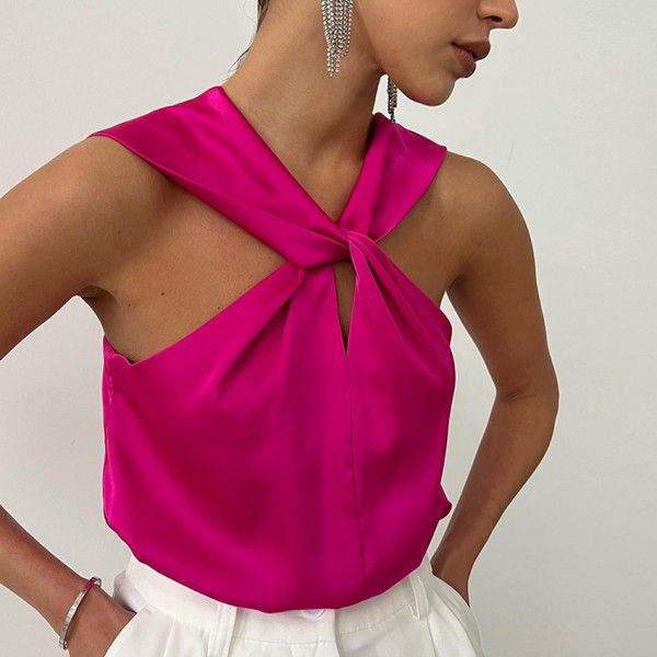 Design Sense Hanging Neck Strap Small Tank Top Summer Ice Silk Satin Spicy Girl Top Solid Color
