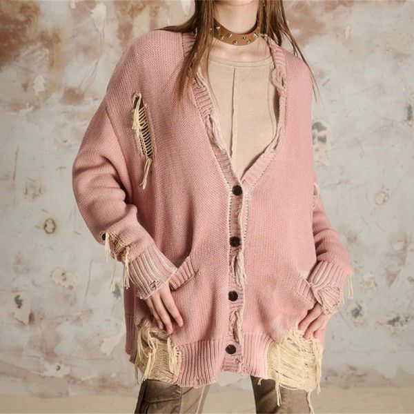 Hollow out contrasting button knit cardigan for women's autumn jacket, medium length fashionable outerwear for women