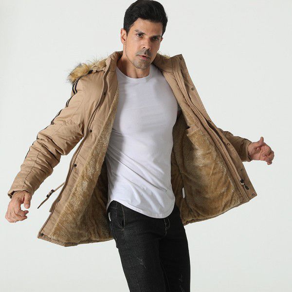 Winter men's thick and plush insulation, casual mid length hooded coat, cotton jacket jacket, men's jacket