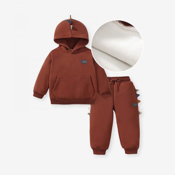 Autumn and winter long sleeved plush hoodie set, new hooded children's set, dinosaur set 