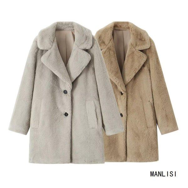 Winter new women's fleece lazy style mid length synthetic fur coat jacket