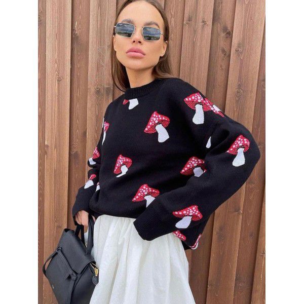 Printed sweater women's loose top autumn and winter casual lazy style long sleeved woolen jacket